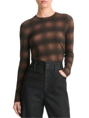 Vince Long-Sleeve Crewneck Top in Brown and Black